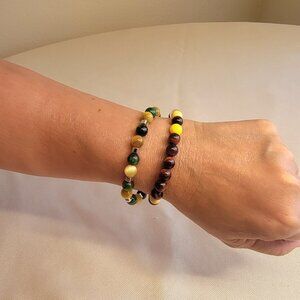 Mix of Green, Yellow, & Golden Tiger’s Eye Beads – 2 Piece Bracelet Set, Size M